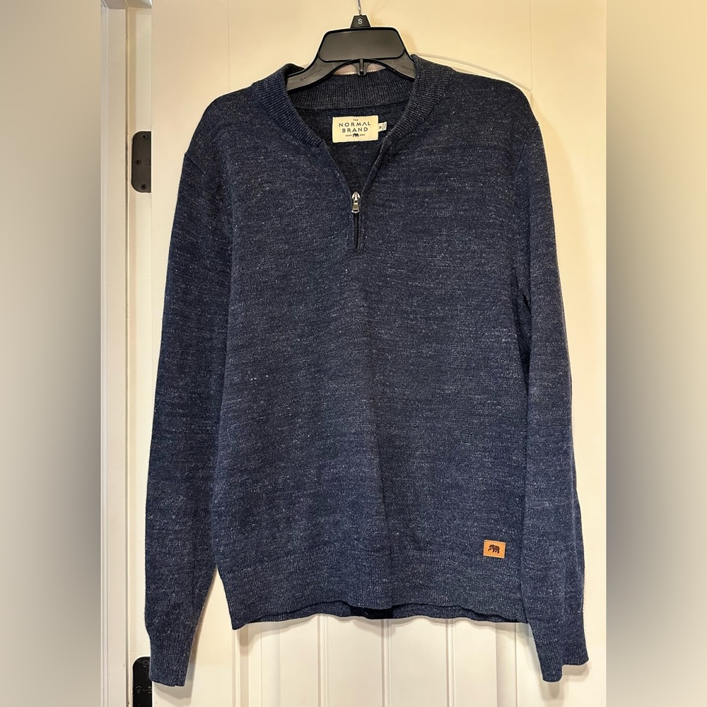 The Normal Brand Blue Zip Up Sweater with Stand-Up Collar